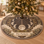 Personalized Moon Phase Christmas Tree Skirt with printed optical 3D lunar artwork and example name The Parkers