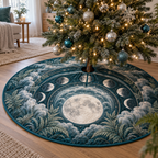 Moon Phase Mist Fern Christmas Tree Skirt with flat printed optical 3D lunar motifs, mist clouds and ferns on teal