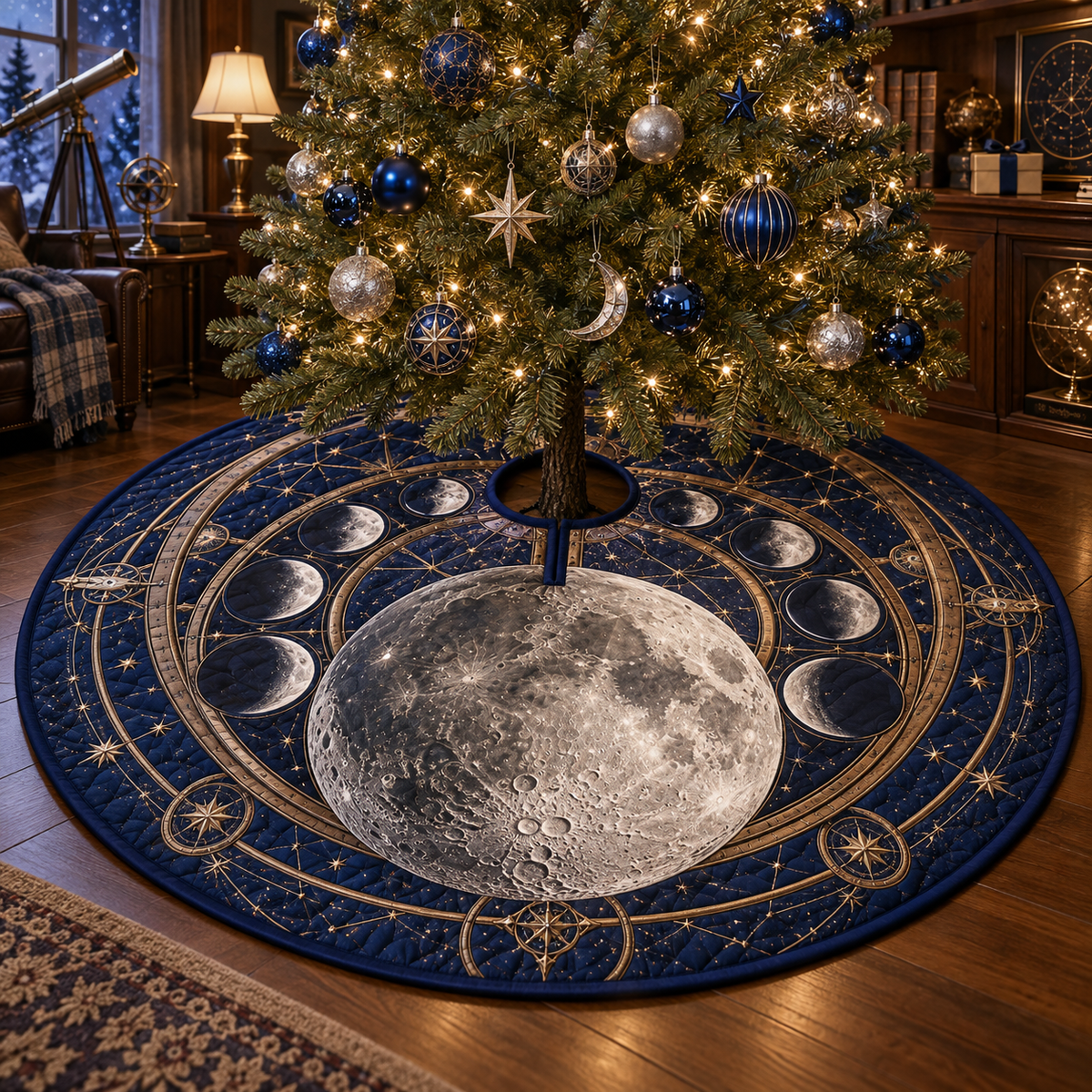 Moon Phase Armillary Christmas Tree Skirt with flat printed optical 3D lunar motifs and bronze-colored rings on sapphire navy