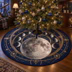 Moon Phase Armillary Christmas Tree Skirt with flat printed optical 3D lunar motifs and bronze-colored rings on sapphire navy