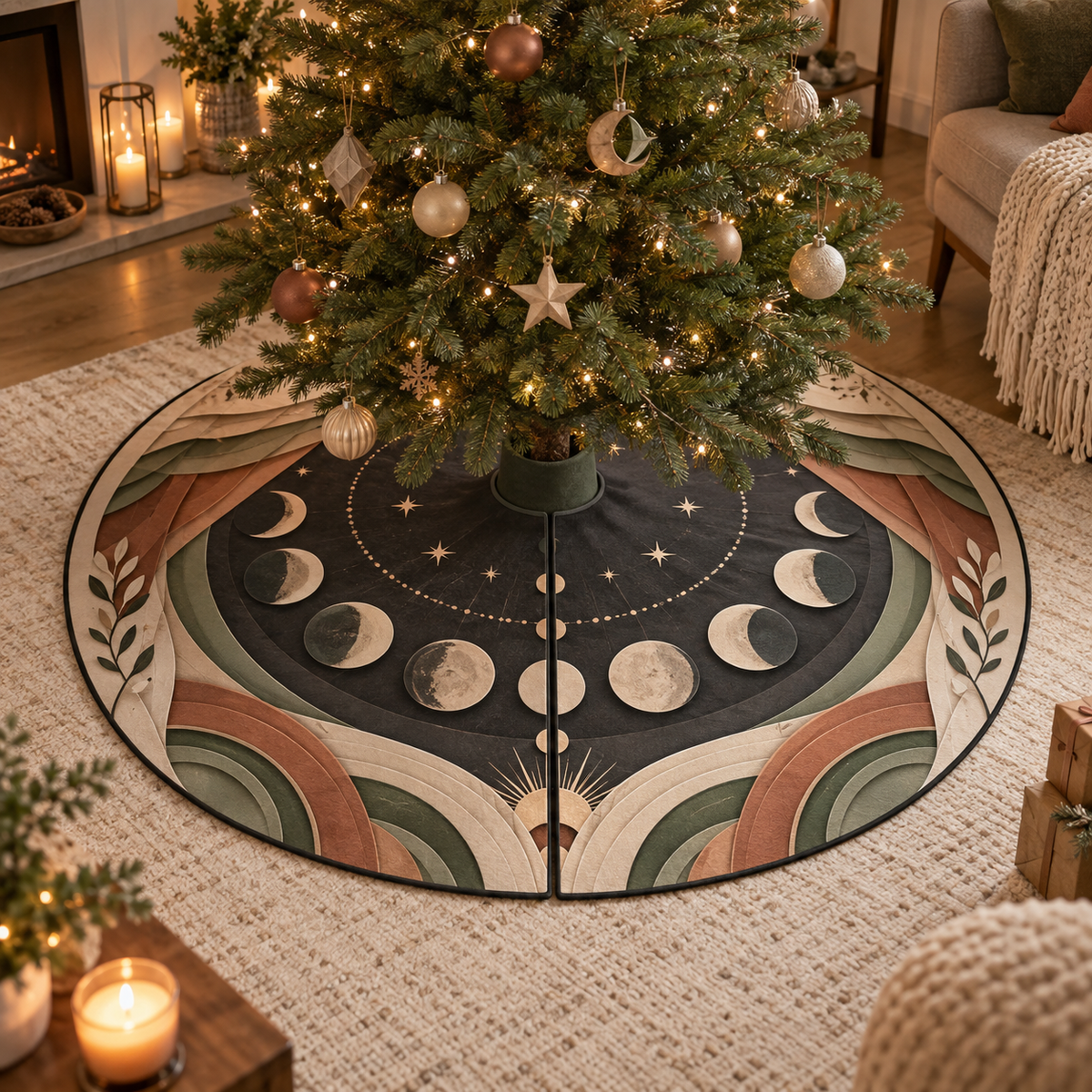 Moon Phase Apartment Gallery Christmas Tree Skirt with flat printed optical 3D lunar discs and layered arches in terracotta, sage, cream and charcoal
