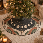 Moon Phase Apartment Gallery Christmas Tree Skirt with flat printed optical 3D lunar discs and layered arches in terracotta, sage, cream and charcoal