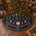 Moon Phase Hobby Studio Christmas Tree Skirt with flat printed optical 3D lunar circles and craft geometry in indigo copper teal and ivory