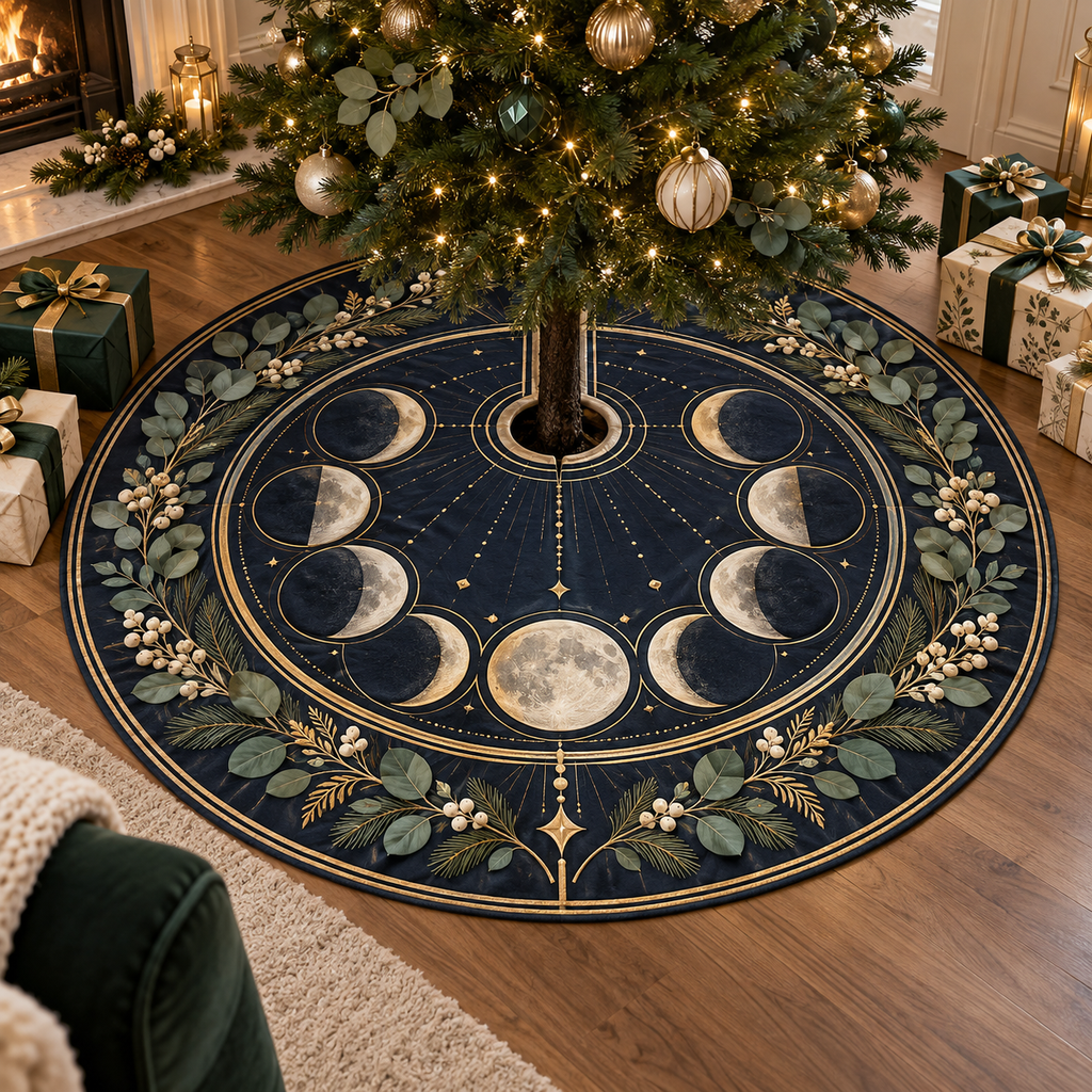 Moon Phase Host Gift Christmas Tree Skirt with flat printed optical 3D lunar phases and botanical hospitality accents