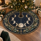 Moon Phase Host Gift Christmas Tree Skirt with flat printed optical 3D lunar phases and botanical hospitality accents