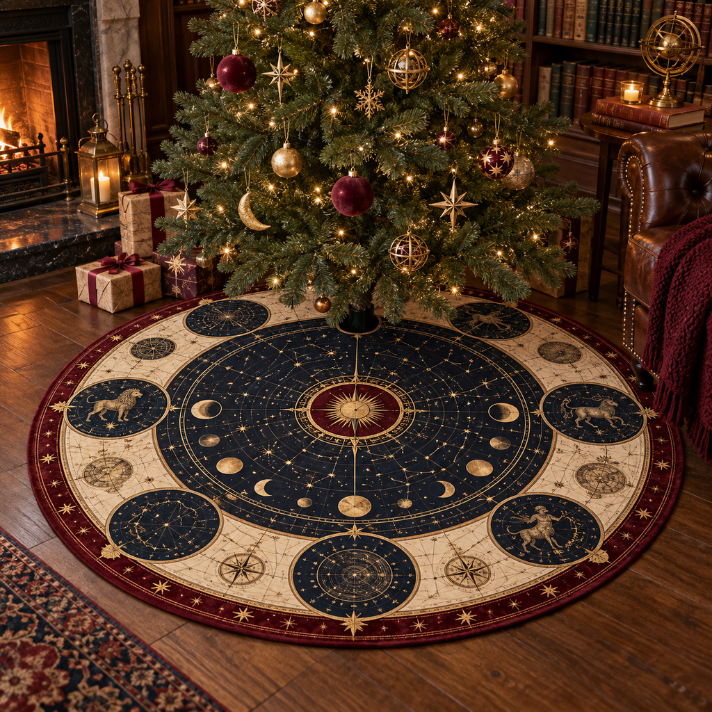 Constellation Reading Nook Christmas Tree Skirt with flat printed optical 3D celestial map in navy antique gold parchment and burgundy