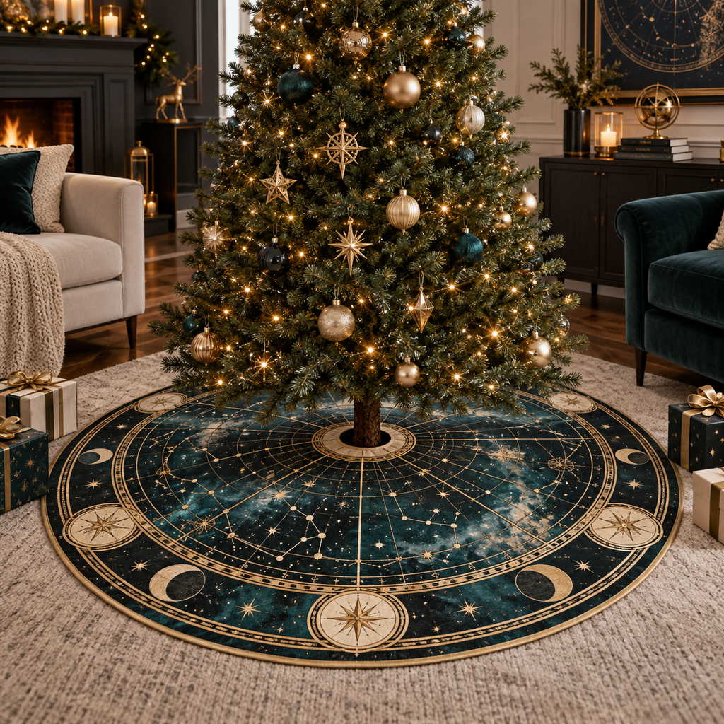 Constellation Living Room Christmas Tree Skirt with flat printed optical 3D astrolabe map in midnight teal brass cream and charcoal
