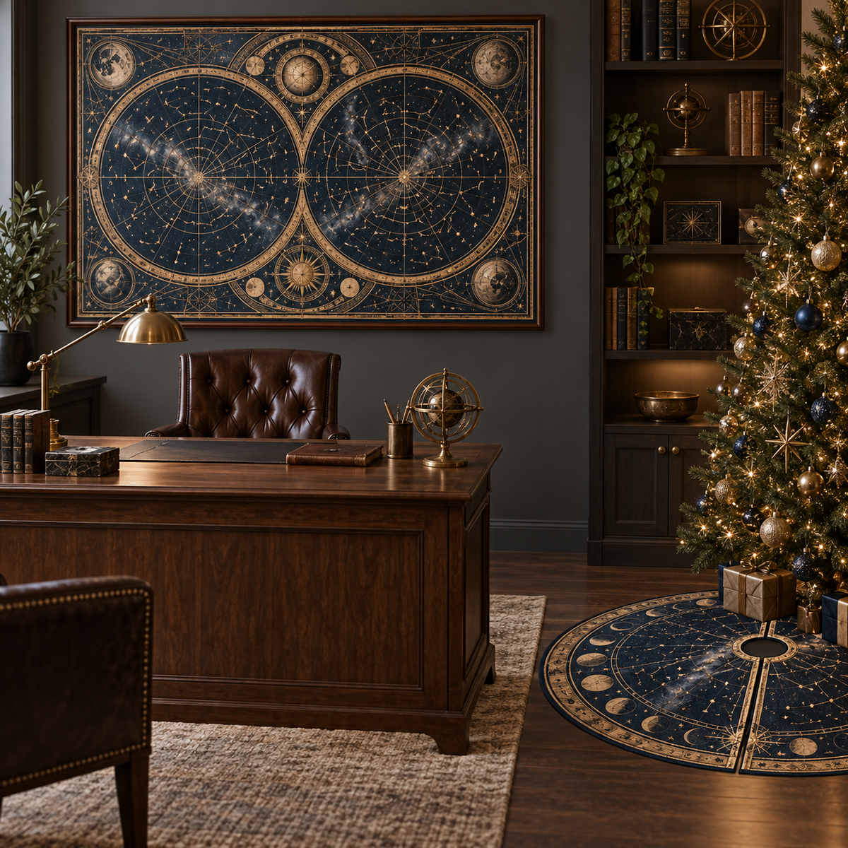 Constellation Home Office Christmas Tree Skirt with flat printed optical 3D astrolabe map in midnight teal brass cream and charcoal