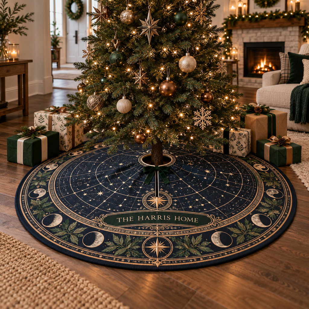 Personalized Constellation Christmas Tree Skirt showing sample family name integrated into flat printed optical 3D constellation artwork