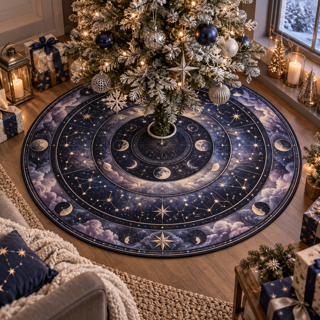 Constellation Quiet Corner Christmas Tree Skirt with flat printed optical 3D astrolabe map in midnight teal brass cream and charcoal
