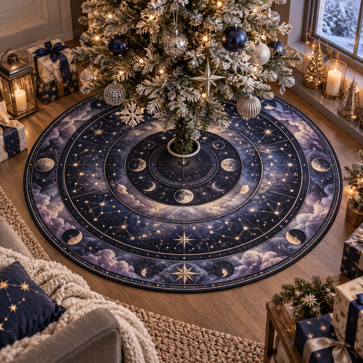Constellation Quiet Corner Christmas Tree Skirt with flat printed optical 3D astrolabe map in midnight teal brass cream and charcoal