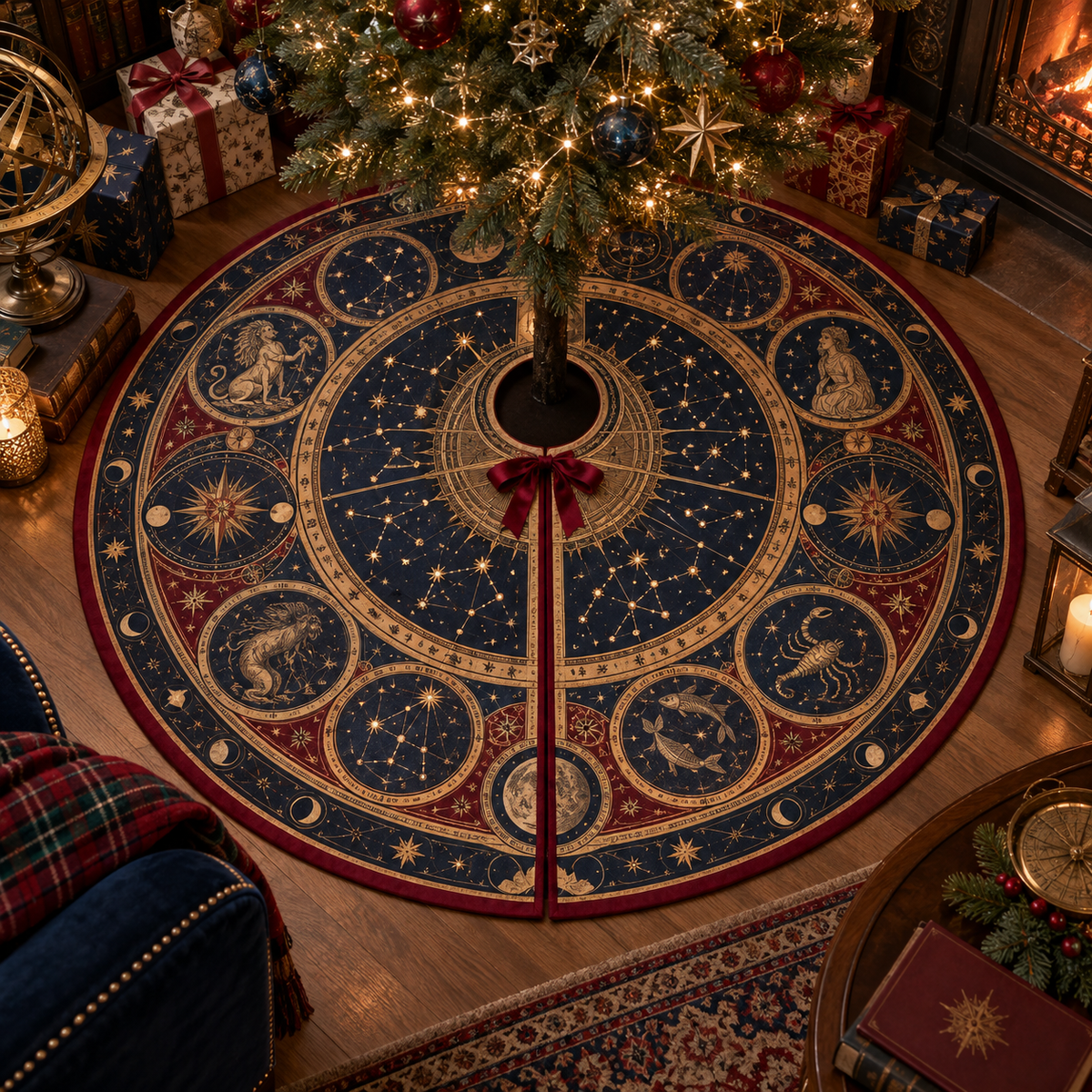 Constellation Collector Christmas Tree Skirt with flat printed optical 3D celestial atlas medallions in museum navy bronze ruby and parchment
