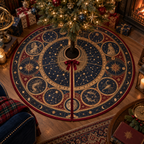 Constellation Collector Christmas Tree Skirt with flat printed optical 3D celestial atlas medallions in museum navy bronze ruby and parchment