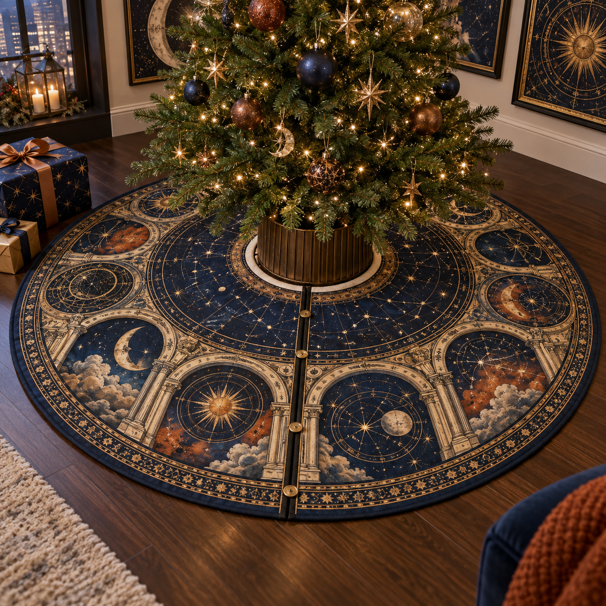 Constellation Gallery Wall Christmas Tree Skirt with flat printed optical 3D celestial gallery arches in midnight blue aged brass burnt orange and ivory