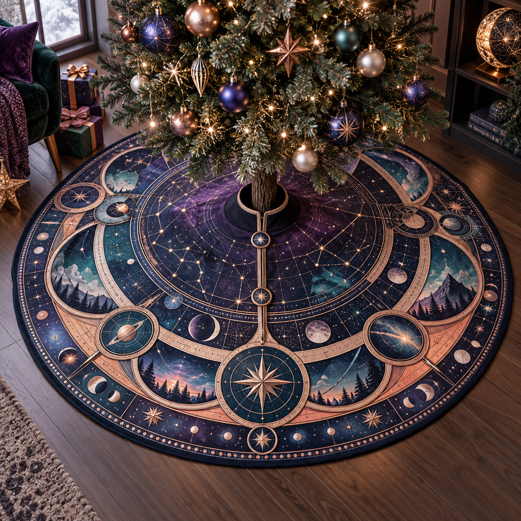 Constellation Hobby Studio Christmas Tree Skirt with flat printed optical 3D celestial gallery arches in ultraviolet deep teal copper coral and pearl