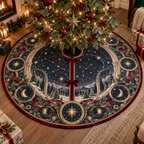 Constellation Host Thank You Christmas Tree Skirt with flat printed optical 3D celestial gallery arches in midnight navy champagne gold cranberry eucalyptus green and warm ivory