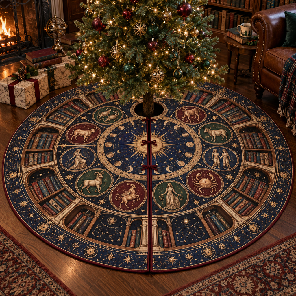 Zodiac Reading Nook Christmas Tree Skirt with flat printed optical 3D celestial gallery arches in ink blue antique copper oxblood moss and parchment