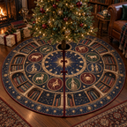 Zodiac Reading Nook Christmas Tree Skirt with flat printed optical 3D celestial gallery arches in ink blue antique copper oxblood moss and parchment
