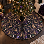 Zodiac Bedroom Statement Christmas Tree Skirt with flat printed optical 3D celestial gallery arches in black sapphire royal purple rose gold emerald and moonstone ivory