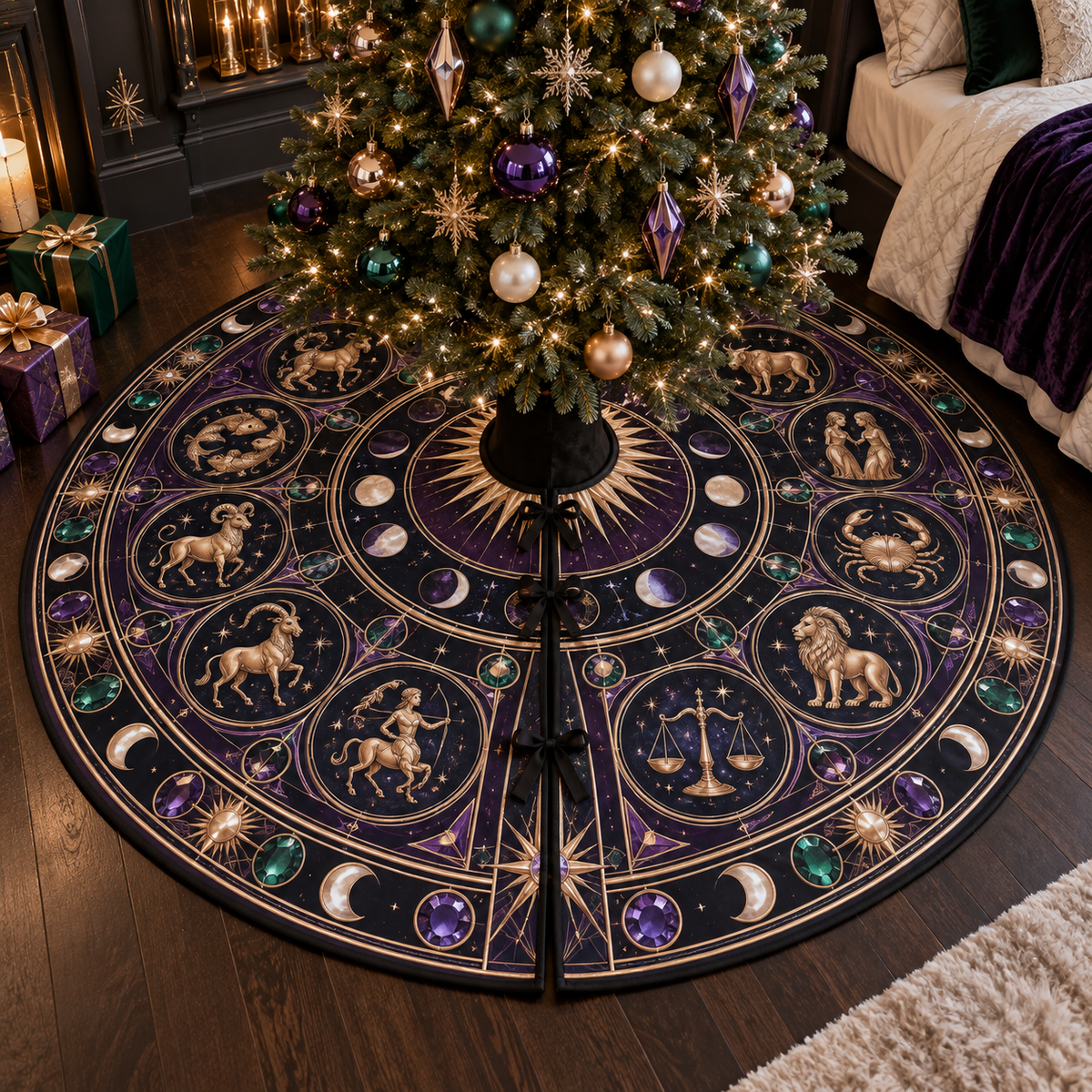 Zodiac Bedroom Statement Christmas Tree Skirt with flat printed optical 3D celestial gallery arches in black sapphire royal purple rose gold emerald and moonstone ivory