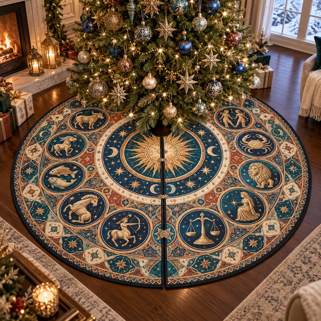 Zodiac Living Room Focal Point Christmas Tree Skirt with flat printed optical 3D celestial gallery arches in peacock teal lapis terracotta antique gold and cream