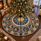 Zodiac Living Room Focal Point Christmas Tree Skirt with flat printed optical 3D celestial gallery arches in peacock teal lapis terracotta antique gold and cream