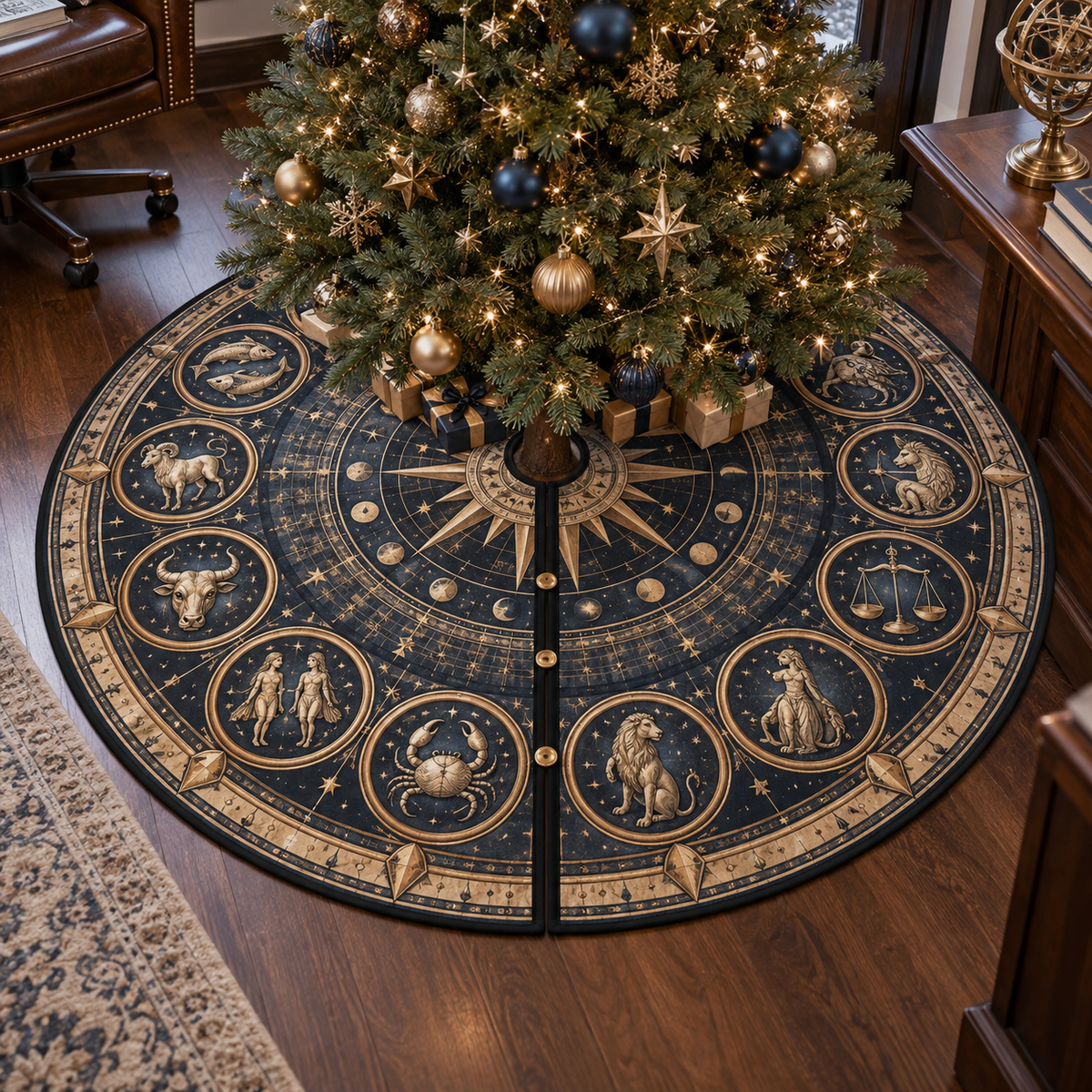 Zodiac Home Office Christmas Tree Skirt with flat printed optical 3D celestial gallery arches in graphite midnight blue brushed brass cognac and cool ivory