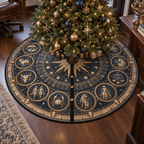 Zodiac Home Office Christmas Tree Skirt with flat printed optical 3D celestial gallery arches in graphite midnight blue brushed brass cognac and cool ivory