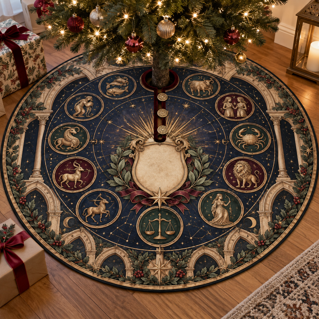 Personalized Zodiac Christmas Tree Skirt showing sample family name integrated into flat printed optical 3D zodiac wheel artwork