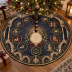 Personalized Zodiac Christmas Tree Skirt showing sample family name integrated into flat printed optical 3D zodiac wheel artwork