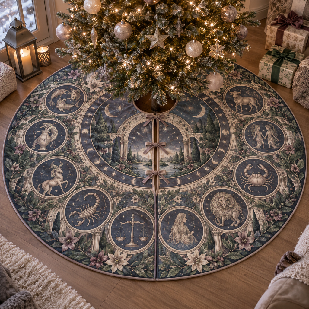 Zodiac Quiet Corner Christmas Tree Skirt with flat printed optical 3D celestial gallery arches in dusty indigo muted sage antique pewter mauve and warm cream