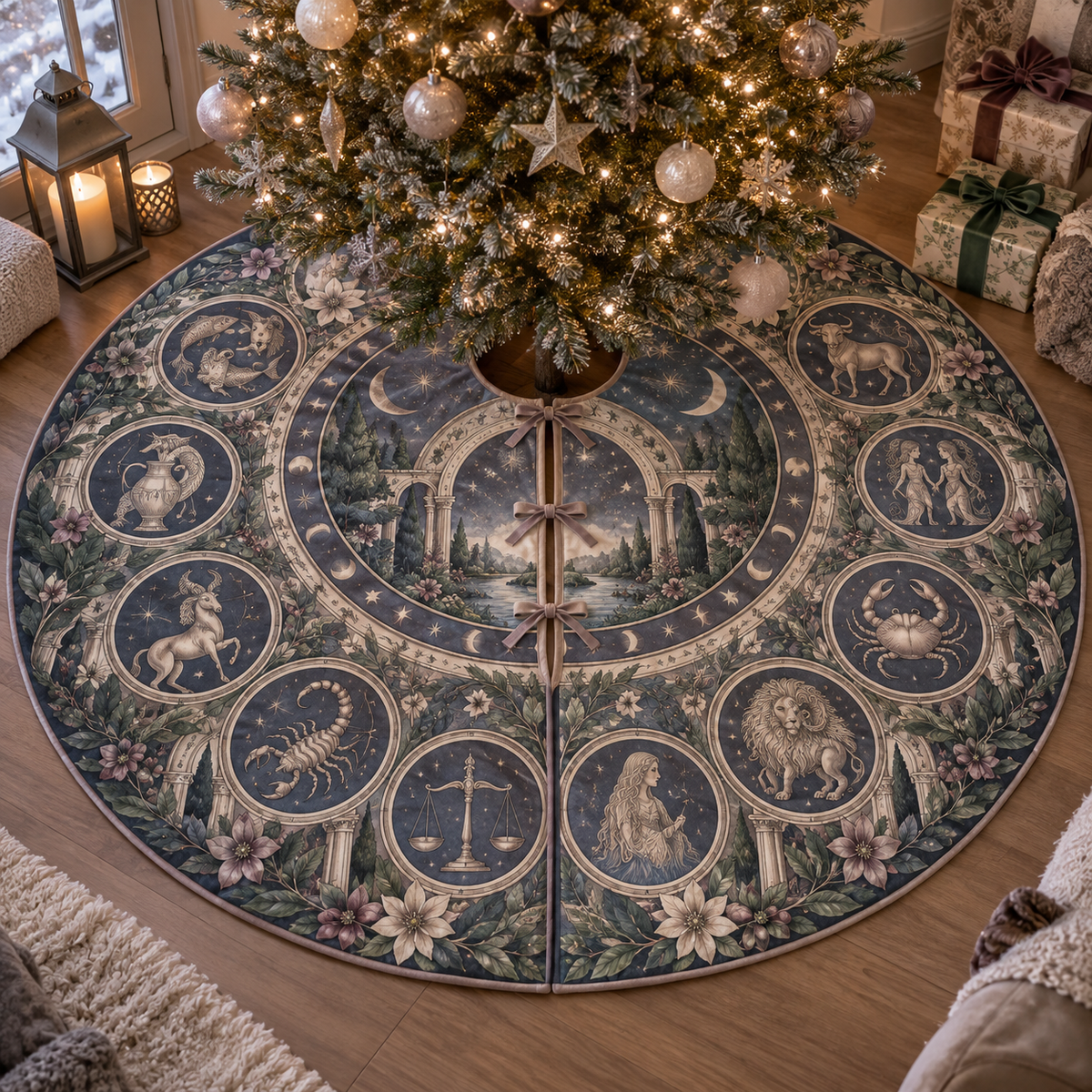 Zodiac Quiet Corner Christmas Tree Skirt with flat printed optical 3D celestial gallery arches in dusty indigo muted sage antique pewter mauve and warm cream