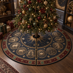 Zodiac Collector Birthday Christmas Tree Skirt with flat printed optical 3D celestial gallery arches in obsidian blue aged bronze garnet malachite and vellum