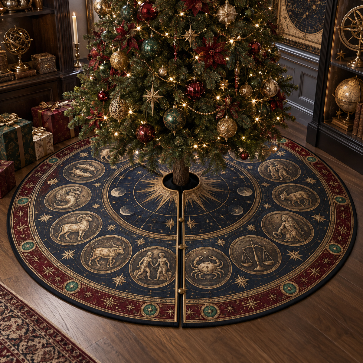 Zodiac Collector Birthday Christmas Tree Skirt with flat printed optical 3D celestial gallery arches in obsidian blue aged bronze garnet malachite and vellum