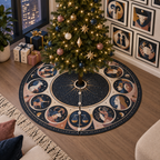 Zodiac Apartment Gallery Christmas Tree Skirt with flat printed optical 3D celestial gallery arches in charcoal cobalt ochre dusty rose and bone white