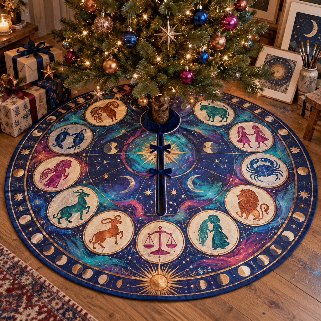 Zodiac Hobby Studio Christmas Tree Skirt with flat printed optical 3D celestial gallery arches in ultramarine magenta turquoise copper orange and soft cream
