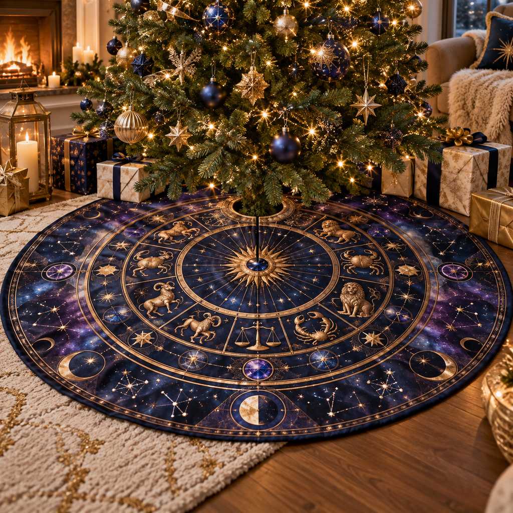 Zodiac Host Thank You Christmas Tree Skirt with flat printed optical 3D zodiac wheel in midnight blue amethyst and copper gold