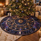 Zodiac Host Thank You Christmas Tree Skirt with flat printed optical 3D zodiac wheel in midnight blue amethyst and copper gold