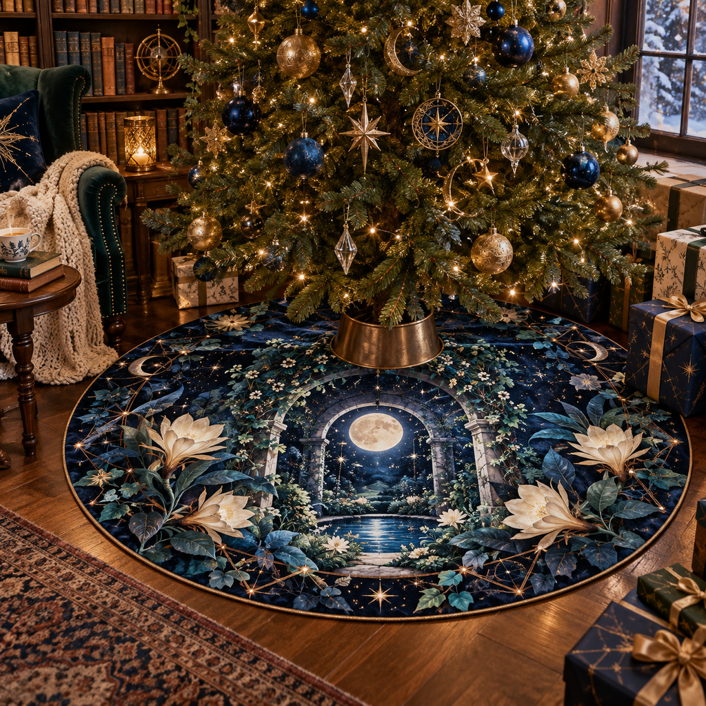 Celestial Botanical Garden Christmas Tree Skirt with flat printed optical 3D moonlit conservatory in indigo teal ivory copper gold and sapphire