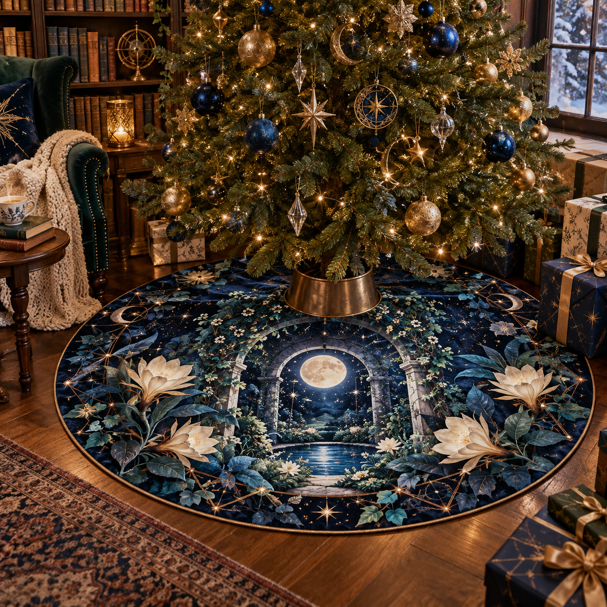 Celestial Botanical Garden Christmas Tree Skirt with flat printed optical 3D moonlit conservatory in indigo teal ivory copper gold and sapphire