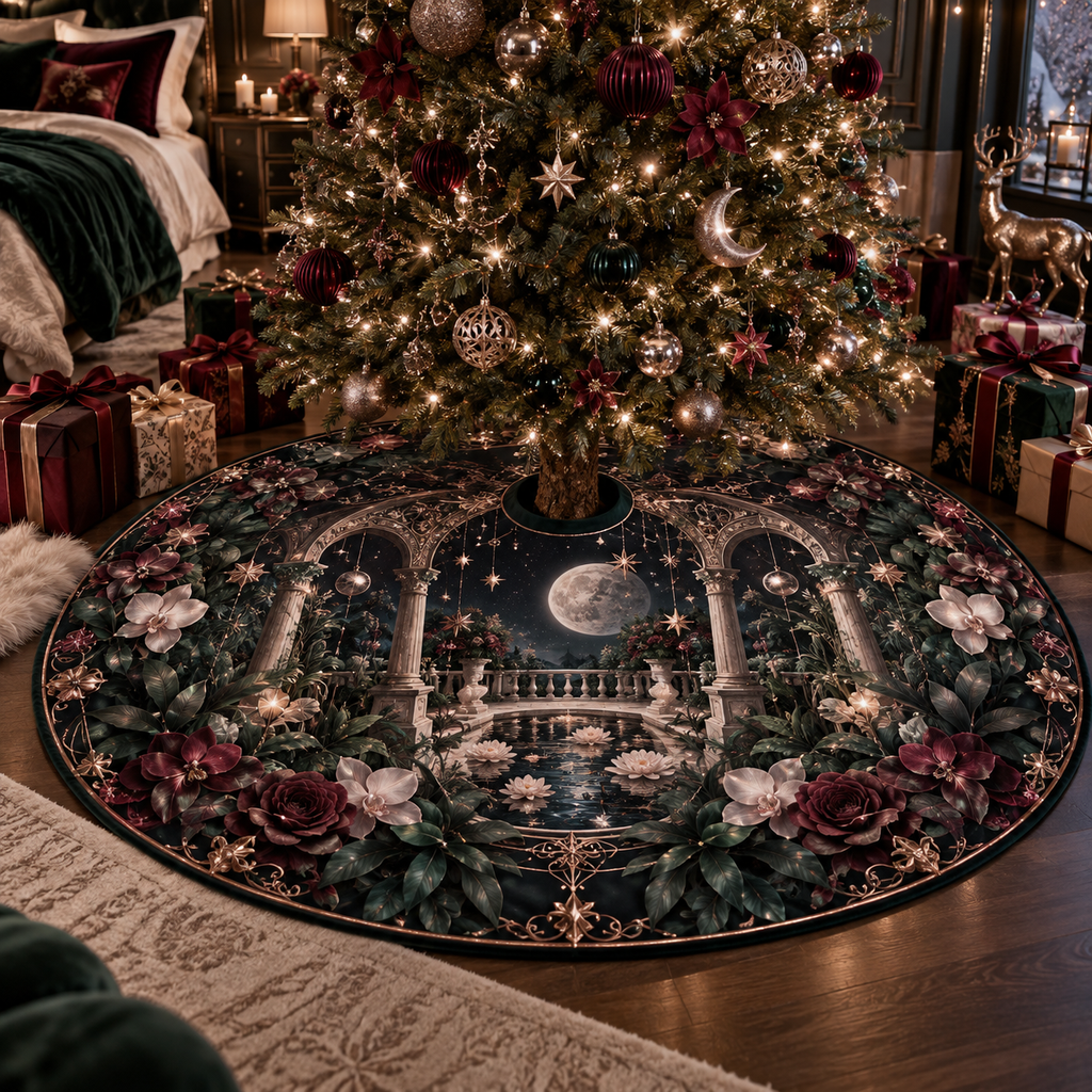 Moonlit Botanical Bedroom Christmas Tree Skirt with flat printed optical 3D baroque garden in black emerald burgundy pearl and rose gold