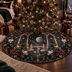 Moonlit Botanical Bedroom Christmas Tree Skirt with flat printed optical 3D baroque garden in black emerald burgundy pearl and rose gold