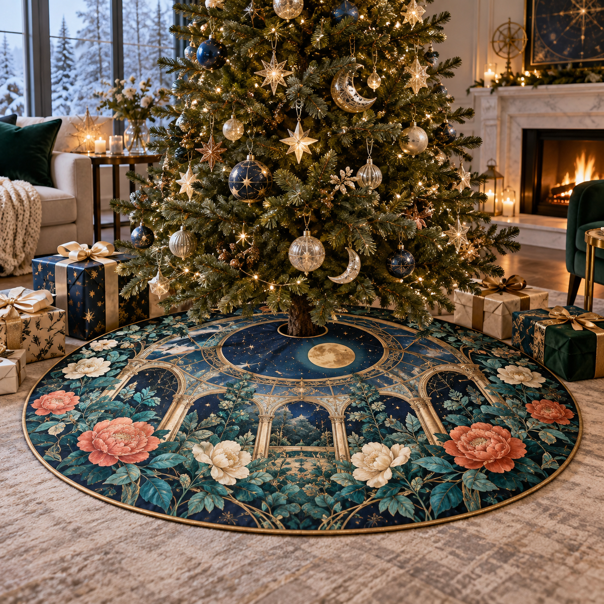 Celestial Garden Living Room Christmas Tree Skirt with flat printed optical 3D Art Nouveau garden in cobalt turquoise coral cream and antique brass