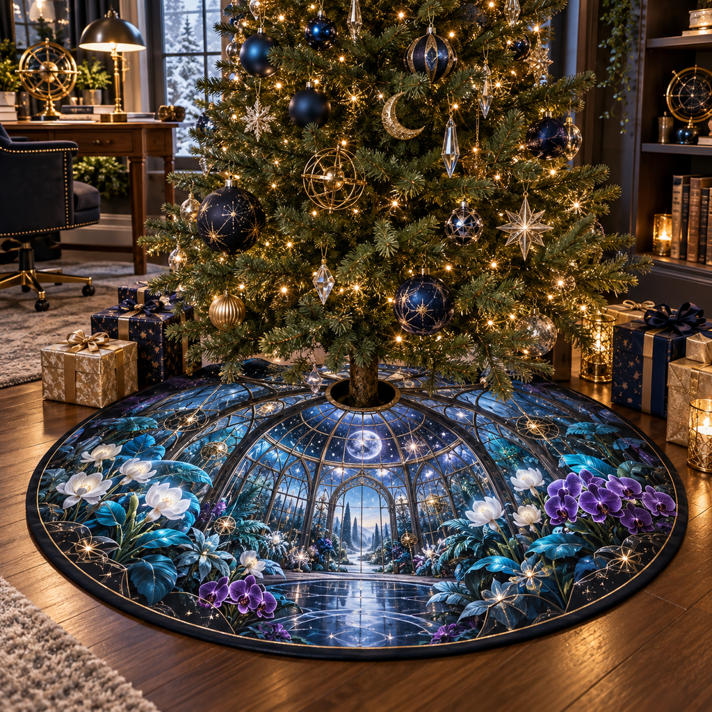 Celestial Garden Home Office Christmas Tree Skirt with flat printed optical 3D futuristic garden in graphite cyan violet white and gold