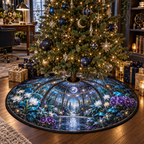 Celestial Garden Home Office Christmas Tree Skirt with flat printed optical 3D futuristic garden in graphite cyan violet white and gold