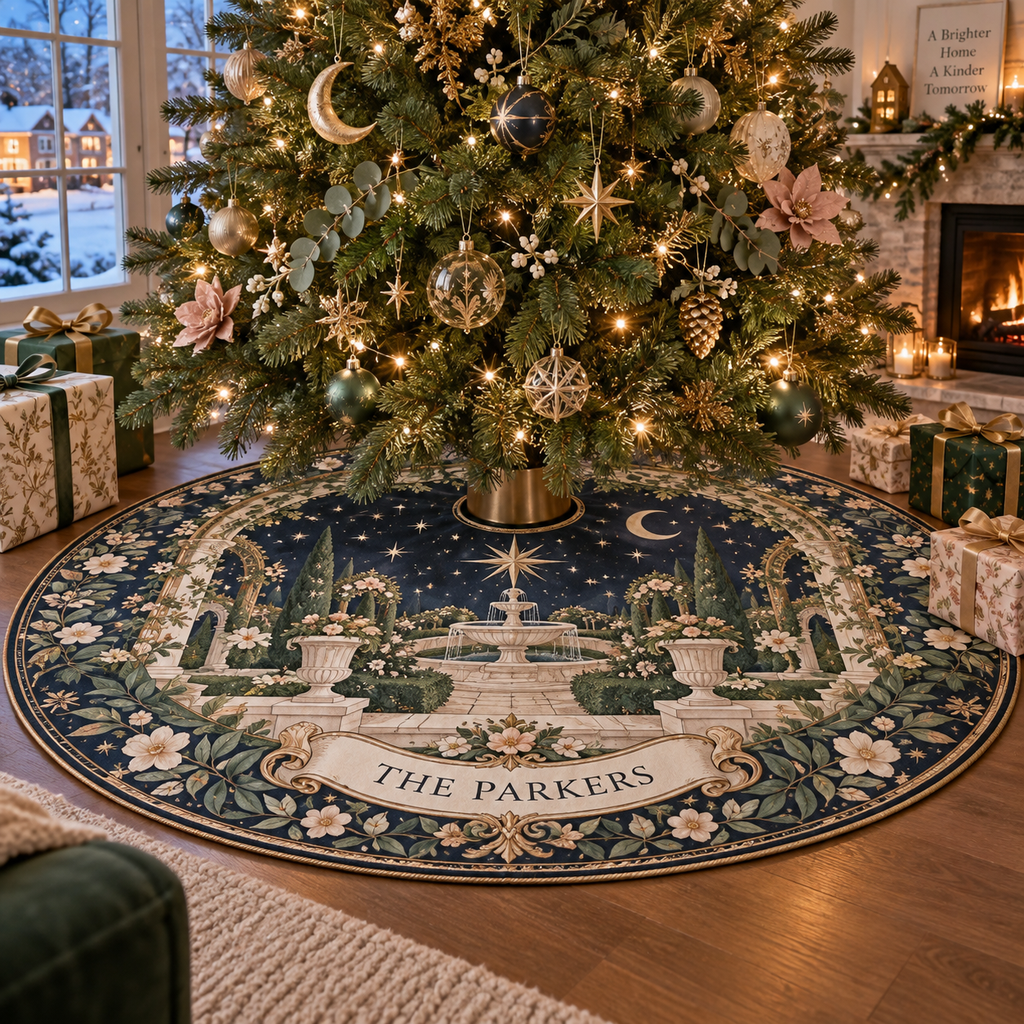 Personalized Celestial Garden Christmas Tree Skirt showing sample family name integrated into flat printed optical 3D celestial botanical artwork