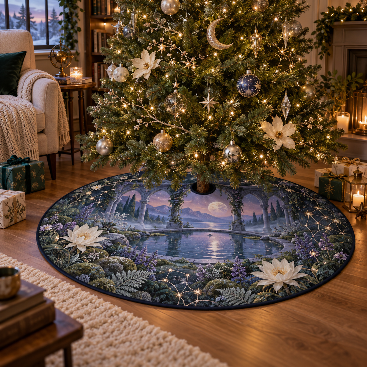 Moon Garden Quiet Corner Christmas Tree Skirt with flat printed optical 3D tranquil garden in lavender moss silver cream and misty blue