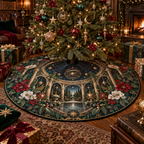 Collector Celestial Garden Christmas Tree Skirt with flat printed optical 3D museum garden in obsidian emerald ruby pearl and aged gold