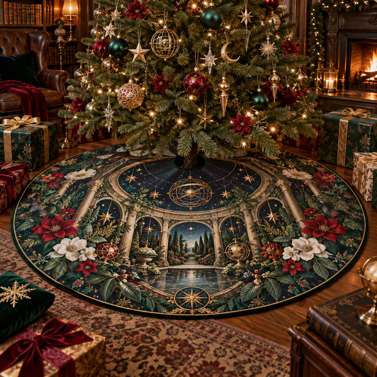Collector Celestial Garden Christmas Tree Skirt with flat printed optical 3D museum garden in obsidian emerald ruby pearl and aged gold