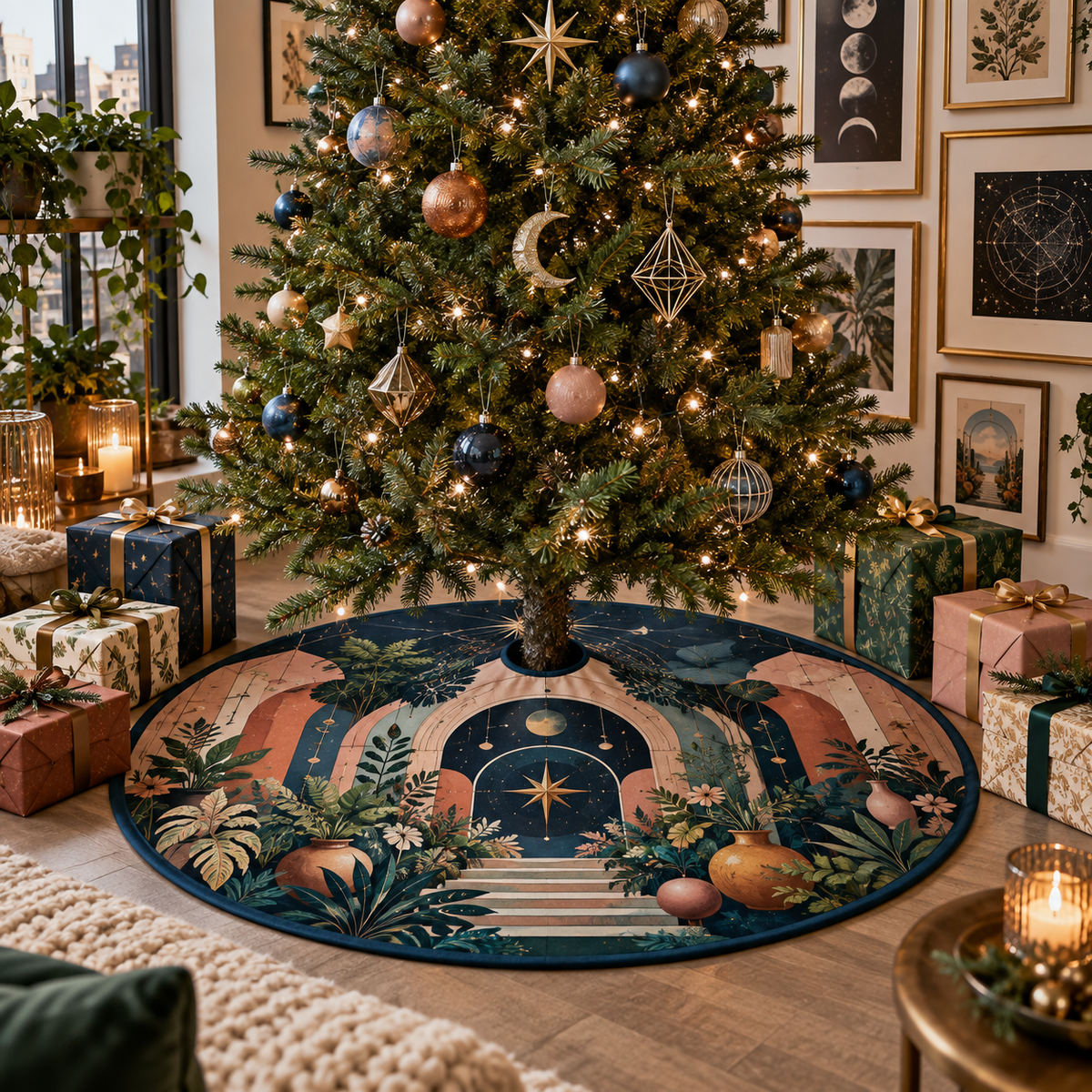 Celestial Gallery Apartment Christmas Tree Skirt with flat printed optical 3D gallery garden in ink blue teal terracotta blush and ochre
